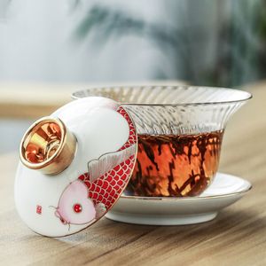 Verre émail poisson gaiwan porcelaine thé soupière tasse soucoupe couvercle poisson imprimer clair tasse bols accessoires décor à la maison