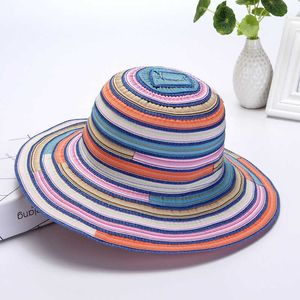 Sombrero de sol plegable de verano para mujer de pescador, tela a rayas de arco iris, protector solar colorido para mujer, gorra informal idílica para vacaciones en la playa