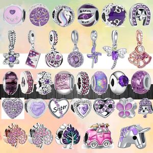 Fit pandora charms 925 bracelet Perle Boîte d'origine Violet Série Maman Soeur Papillon Chien Licorne Européen charme bijoux