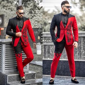 Fit Rouge Noir Mariage Tuxedo Épissage Couleur Hommes Costumes Peak Revers Hommes Blazers Gilet Ajusté Marié Hommes Costumes De Mariage Causal Costume De Bal Sur Mesure Marié Party Wear