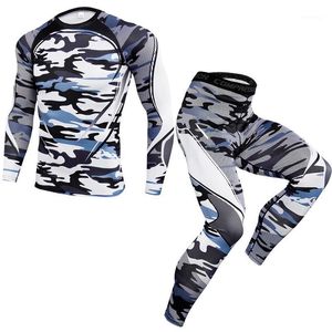 Fitness hommes ensembles survêtement Compression chemises + Leggings couche de base à manches longues t-shirt Kit imprimer sous-vêtement thermique