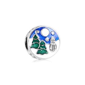 Se adapta a Pandora Bracelet 925 Sterling Silver Snowy Wonderland Charms Blue Green Esmalte Beads para joyería que hace el regalo de Navidad