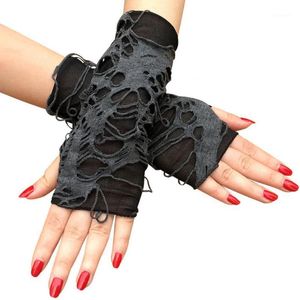 Guantes de cinco dedos, 1 par, agujeros rasgados de Halloween, sin dedos, negro, medio dedo, estilo Punk, accesorios de Cosplay