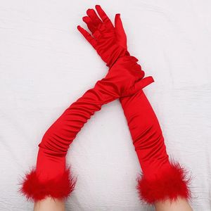 Cinq doigts Gants 55cm Soie Satin Dance Party Élastique Longue Femme Manchette Plume Élégant Rouge Halloween Maquillage Opéra Scène 231130