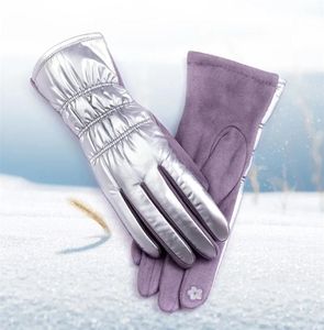 Cinq doigts gants mode solide vers le bas coton femmes écran tactile gants hiver extérieur équitation plein doigt en peluche à l'intérieur épaissir