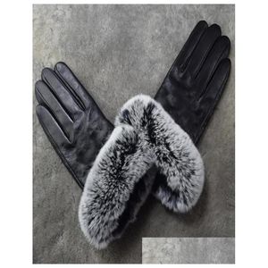 Cinq doigts Gants Femme Gants en cuir d'hiver avec peluche Touch Sn Rex Bouche de fourrure de lapin Version coréenne Cyclisme Preuve froide et chaude S Dhxhp