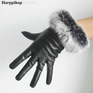 Gants Five Fingers vente chaude femmes noires petite fourrure de lapin épaississement thermique gants en cuir véritable femmes hiver L230804