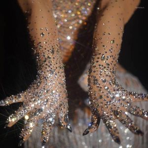 Cinco dedos Guantes Lujoso Estiramiento Rhinestones Mujeres Brillante Cristal Malla Larga Bailarina Cantante Discoteca Danza Etapa Show Accesso271C