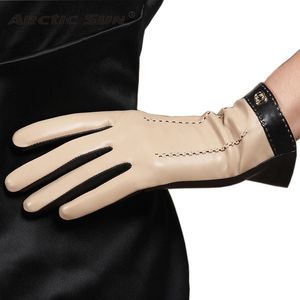 Guantes de cinco dedos Guantes de cuero real Moda femenina Dos tonos Pantalla táctil Piel de oveja Cálido Felpa forrado Mujeres Guantes de conducción Damas L169NC2 230210