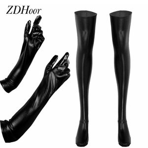 Gants à cinq doigts Sexy Pole Dance Costume Accessoires Femmes Dames Métallique Latex Longs Gants avec Bas Érotique Cosplay Wetlook Vêtements En Cuir 230506