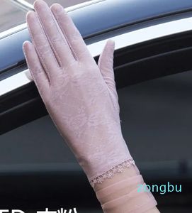Cinco dedos Guantes a prueba de sol Mujeres delgadas largas anti ultravioleta Primavera Otoño Pantalla táctil Malla