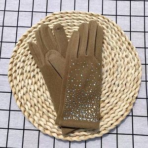 Cinco dedos Guantes Mujeres Felpa Brillante Rhinestone Decoración Invierno Cálido Elasticidad Montar al aire libre Conducción Color sólido Mittens de dedo completo