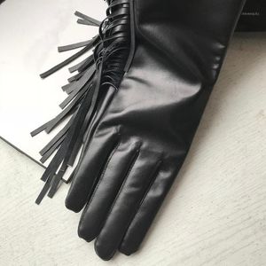 Cinq doigts gants mode féminine sexy gant en cuir véritable dame club performance fête formelle extra longue frange gland bras