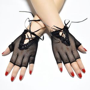 Cinq doigts gants femmes Sexy noir court demi-doigt filet de pêche extensible creux maille sangle Punk Cosplay bal fête décoration