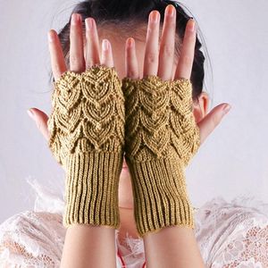 Guantes de cinco dedos para mujer, calentador de manos con estilo, brazo de invierno, tejido de ganchillo, manopla de lana sintética, cálida, sin dedos