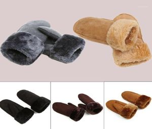 Cinq doigts gants femmes chaudes réelles vrais moutons mitaines poignet fourrure garniture dames mode mat pu cuir hiver gant soft gant12537919