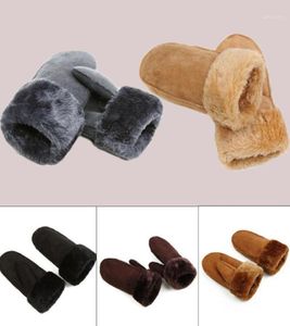 Cinq doigts gants femmes chaud véritable peau de mouton mitaines fourrure poignet garniture dames mode mat PU cuir hiver doux gant18396660