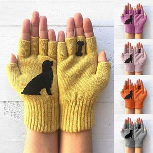 Cinq doigts gants gants pour femmes hivernaux tricot sans doigt kawaii dessin animé chiot chien imprimé os palme brillant bonbon couleurs demi-doigts