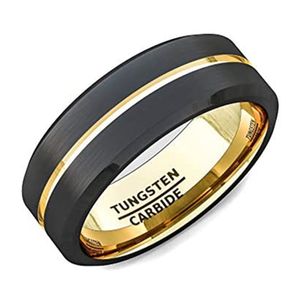 fjxpFashion Anillo de carburo de tungsteno negro de 8 mm Ranura de oro Superficie cepillada mate Borde biselado Banda de boda para hombre Comfo