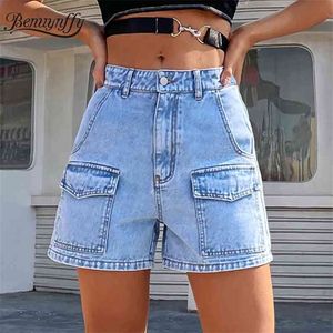 Flap Pocket Button Fly Denim Shorts Mujeres Verano Moda Streetwear Ladies High Cintura Casual Straight Jean 210510