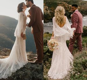 Vestidos de novia bohemios de manga larga acampanados 2022 cuello en V Crochet algodón encaje Hippie playa país sirena vestido de novia