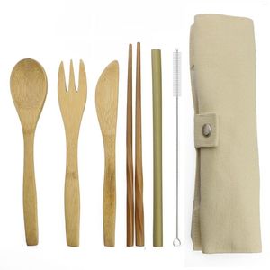 Juegos de cubiertos 7 unids/set utensilios de cocina de paja respetuoso con el medio ambiente viaje reutilizable portátil juego de cubiertos de bambú cuchara tenedor palillo gota