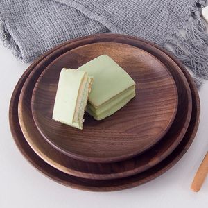 Ensembles de couverts Assiette en noyer noir Japonais Rétro Vaisselle en bois massif Ustensiles de cuisine Plateau en bois Thé rond