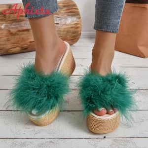 FLOPS APHIXTA Furry Green Wedge Platform Slides Women's Shoes Women's Shopers Slippers Flip Flip Heels Zapatos Sandalias de playa Tamaño 43