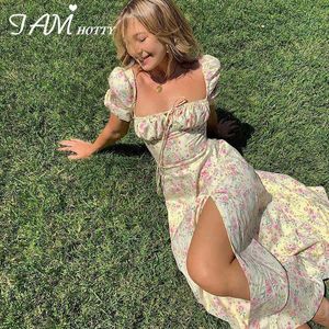 Impression florale Français Style Longue Robe longue 2021 Femme à manches courtes PRON POM Sexy Bandgae Robes Split Robes Jaune Sundress Rose Iamhotty X0521