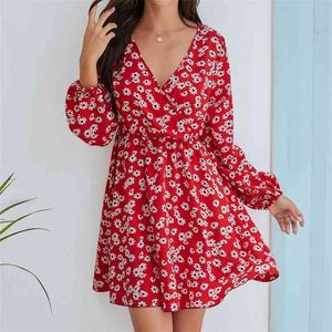 Impresión floral de manga larga con cuello en v vestido de mujer de moda de otoño pliegue mini dulce linda linterna negro rojo sundress 210522