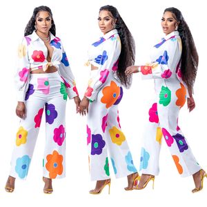 Floral Print Two Piece Set Outfits Femmes Casual Shirt and Pants Sets Easy Suits Free Ship