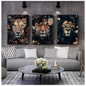 Fleur Animal Lion Tigre Cerf Léopard Abstrait Toile Peinture Mur Art Nordique Imprimer Affiche Décorative Image Salon Décor 211222
