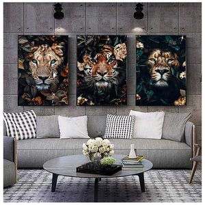 Toile de peinture abstraite avec fleur, Animal, Lion, tigre, cerf, léopard, Art mural, affiche imprimée nordique, image décorative, décor de salon