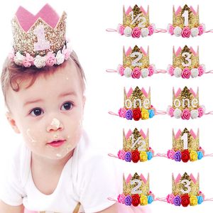 Couronne diadème de princesse pour bébés filles/enfants, chapeau de premier anniversaire, Style fleur dorée scintillante avec fleur de Rose artificielle