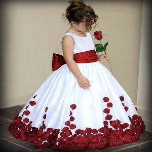 Robes de demoiselle d'honneur avec noeud rouge et blanc noeud rose taffetas robe de bal bijou décolleté petite fille fête Pageant robes automne New275A