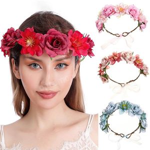 Bandeau de fleurs roses faites à la main, guirlande florale, bandeau réglable pour femmes et filles, coiffure pour mariage