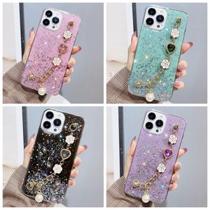 Fleur Coeur Perle Avec Poignet Chian Strap Cas Pour Xiaomi 13 Pro 12 11 Lite Redmi A1 4G 10C Note 11 4G Bling Glitter Foil Sequin Confetti Drop Glue Soft TPU Back Covers