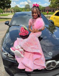 Vestidos con cuentas y lentejuelas de color rosa y flores para bebés, zapatillas de deporte brillantes y dulces, baile de graduación, vestido de cumpleaños para niña negra, 2024