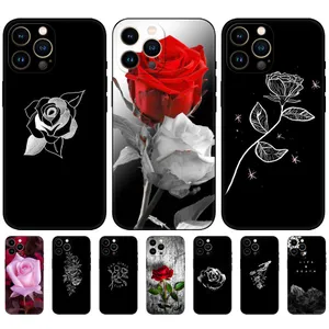 Étuis à fleurs roses pour iPhone 15 Plus 14 Pro Max 13 12 11 XS MAX XR X 8 7 6 Iphone15 Girls Lady Soft TPU Fashion Floral Élégant Mignon Belle Couverture de téléphone noire Peau