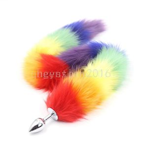 Juguetes anales Fluffy Rainbow Fur Fox Tail Plug Cosplay Animal PET Tails Steel Head Roleplay # R96