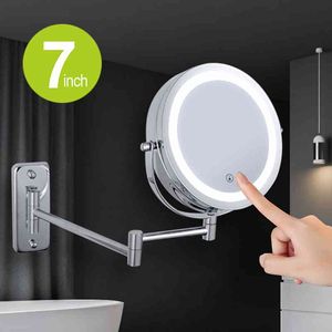 Espejo de baño extensible con brazo plegable con luz LED Espejos de maquillaje cosmético inteligente de doble cara montados en la pared de 7 pulgadas