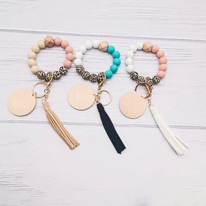 Cuentas de silicona de grado alimenticio, pulsera de leopardo de Color sólido, llavero con borla, llavero de disco en blanco, venta al por mayor, multicolor opcional para mujer