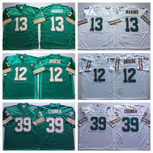 Football Dan Marino 13 Griese 12 Csonka 39 Jersey Couleur verte et blanche Maillots cousus pour hommes à la retraite Taille M-XXXL