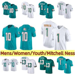 Maillots de football 10 Tyreek Hill 1 Tua Tagovailoa 13 Dan Marino 1984 Mitchell Nell Hommes Femmes Jeunes Blanc Vert Taille S M L XL XXL XXXL Cousu