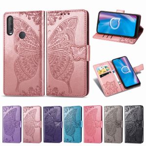 Étuis de téléphone pour Alcatel 1S PU cuir embellir fleur papillon avec boucle magnétique dragonne portefeuille carte argent fente (Modèle: 1S2020)