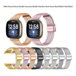 Pour Fitbit Versa3 Sense Bracelet En Métal Bracelet Double Boucle D'assurance En Acier Inoxydable Sept Perles Bracelet De Montre Bracelet Versa 3 Accessoires Intelligents