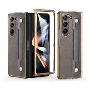 Funda de cuero chapado para Samsung Galaxy Z Fold 5 4 Fold3, cubierta de pantalla de película protectora de pulsera retráctil