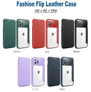 Support de support de fente pour carte Étuis minces en cuir à rabat magnétique pour iPhone 13 12 Mini 11 Pro Max XR 7G 8 SE3 Samsung S22 Ultra S21 Plus Clear Back Acrylique PC TPU Book Case Cover