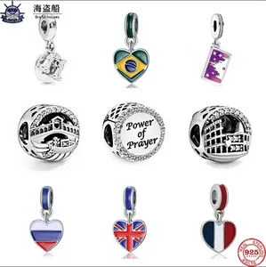 Pour les breloques pandora authentiques 925 perles en argent Dangle UK brésil russe france drapeau croix coeur bricolage perle