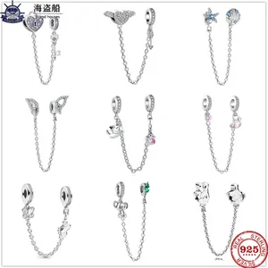 Pour les breloques pandora authentiques perles en argent 925 Dangle Sparkling Clear Sparkle Butterfly Safety Chain Bead